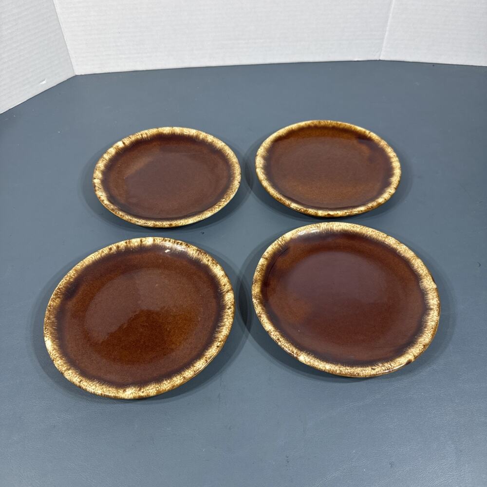 Lot 4 Vintage Hull Pottery Brown Drip Glaze Oven Proof Bread Dessert Plates 6.5”